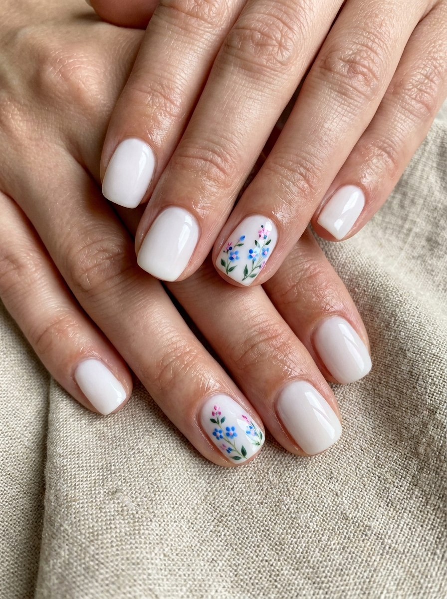 Weiße Nägel mit feinen Blumen
